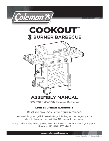 Coleman Cookout 3-Burner Propane Gas BBQ Owner Manual | Manualzz