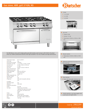 Bartscher 2952291 Gas stove, 6BR, gsO 2/1GN, NS Data sheet | Manualzz