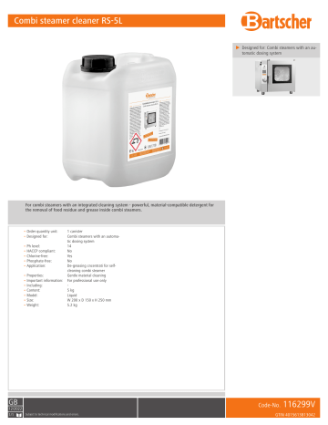 Bartscher 116299V Combi steamer cleaner RS-5L Data sheet | Manualzz