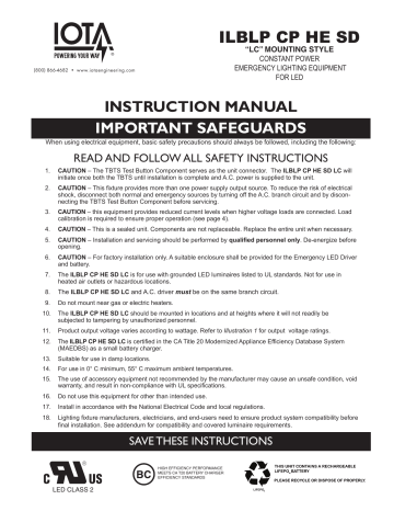 IOTA ILBLP CP10 HE SD LC Emergency LED Driver Installation Instructions ...