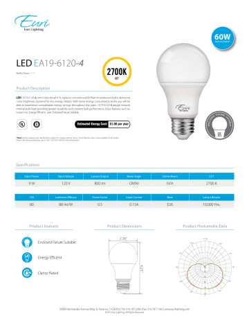 Euri Lighting EA19-6020e-4 LED A Lamp Specification Sheet | Manualzz