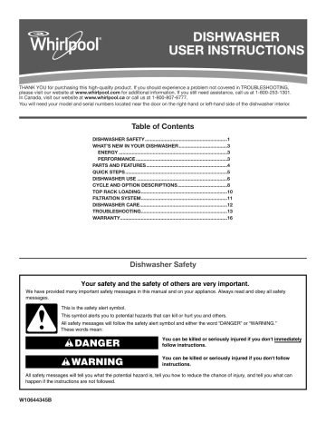 Whirlpool WDF320PADS3 Dishwasher Owner's Manual | Manualzz