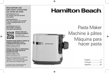 Hamilton Beach 86650 Electric Pasta and Noodle Maker, White Use and Care Guide | Manualzz