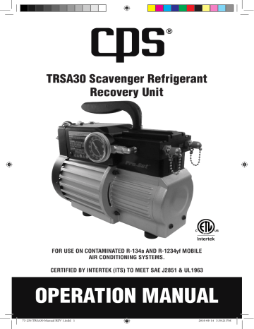 CPS Products TRSA30 | R134A and R1234YF Refrigerant Scavenger Machine Owner's Manual | Manualzz