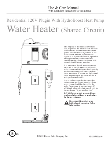 Rheem PROPH80 T0 RH120-MSO Hybrid Electric Water Heater Use and Care ...