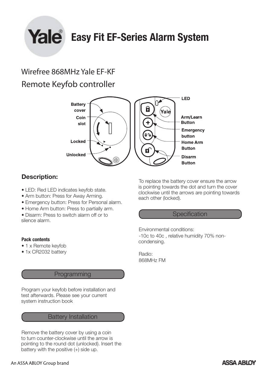 Remote Yale Key Fob, EF & SR Series