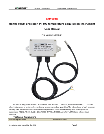 SONBEST SM1901B RS485 High Precision PT100 Temperature Acquisition Instrument User Manual | Manualzz