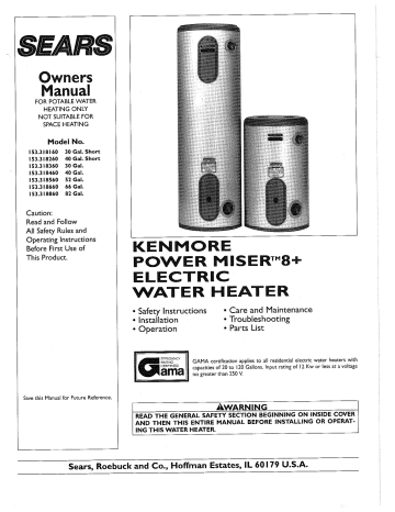 Kenmore 153318660 Power Miser 8+ Water Heater Owner's Manual | Manualzz