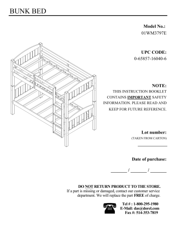 Dorel Home WM3797E Wood Bunk Bed Assembly Manual | Manualzz