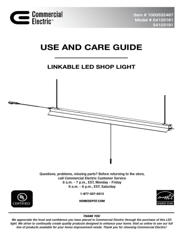 Commercial Electric 54103161 4 ft. 64-Watt Equivalent Integrated LED White Shop Light Linkable 3200 Lumens 4000K Bright White 5 ft. Cord Included Installation Guide | Manualzz