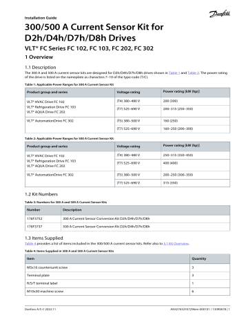 Danfoss VLT Refrigeration Drive FC 103 300/500 A Current Sensor Kit for D2h/D4h Installation Guide | Manualzz