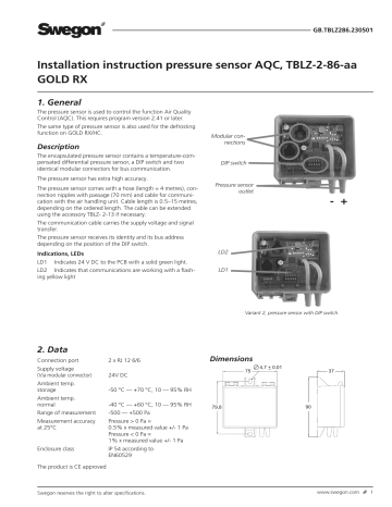 Swegon TBLZ-2-86 Pressure sensor AQC Owner's Manual | Manualzz