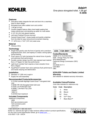 Kohler 3946-0 Adair One-Piece Elongated Toilet Instruction | Manualzz