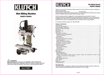 Technical Specifications. Klutch Mini Milling Machine, 350 Watts, 1/2 HP, 110V, 49657, Mini Milling Machine | Manualzz