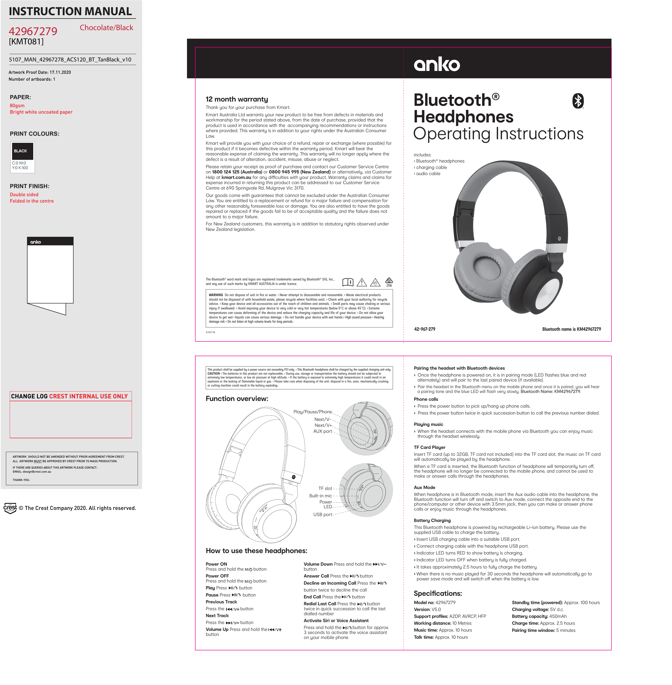 Kmart 42967279 Bluetooth On Ear Headphones Instruction Manual