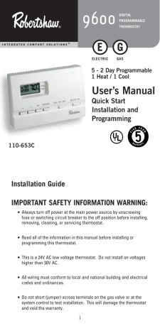 Robertshaw 9600 Digital Programmable Thermostat User's Manual | Manualzz