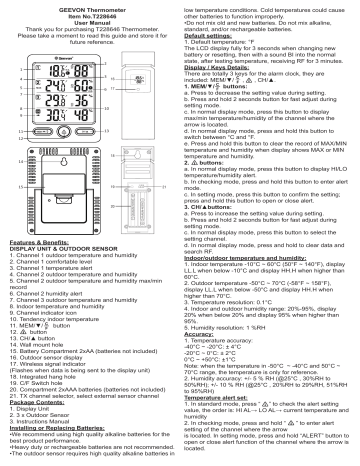GEEVON 228646 Geevon Indoor Outdoor Thermometer Wireless with 3