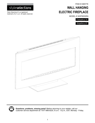 Style Selections 34HF600GRA Electric Fireplace User Manual | Manualzz