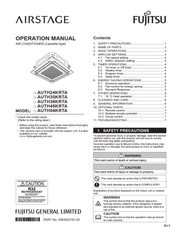 FUJITSU AUTH24KRTA Cassette Type Air Conditioner User Manual | Manualzz