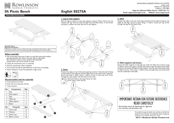 Rowlinson CG095 Picnic Bench Assembly Instructions | Manualzz