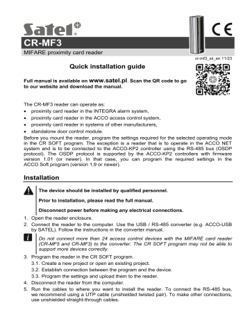 Satel CR-MF3 MIFARE Proximity Card Reader Installation Guide | Manualzz